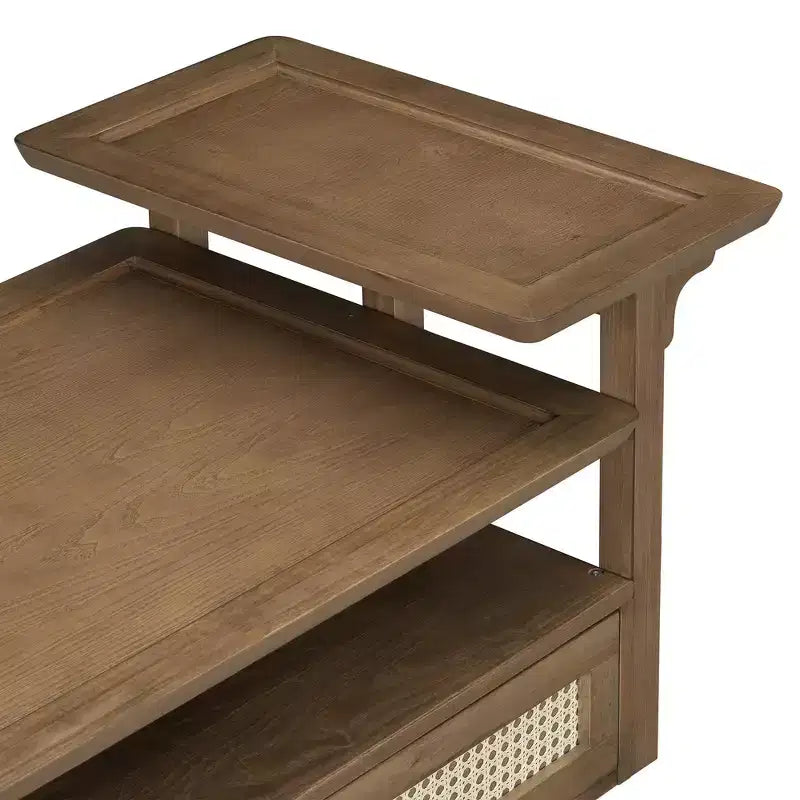 Modern Coffee Table with Storage Shelf, Double-layer Tabletops & Rattan Drawer for Living Room