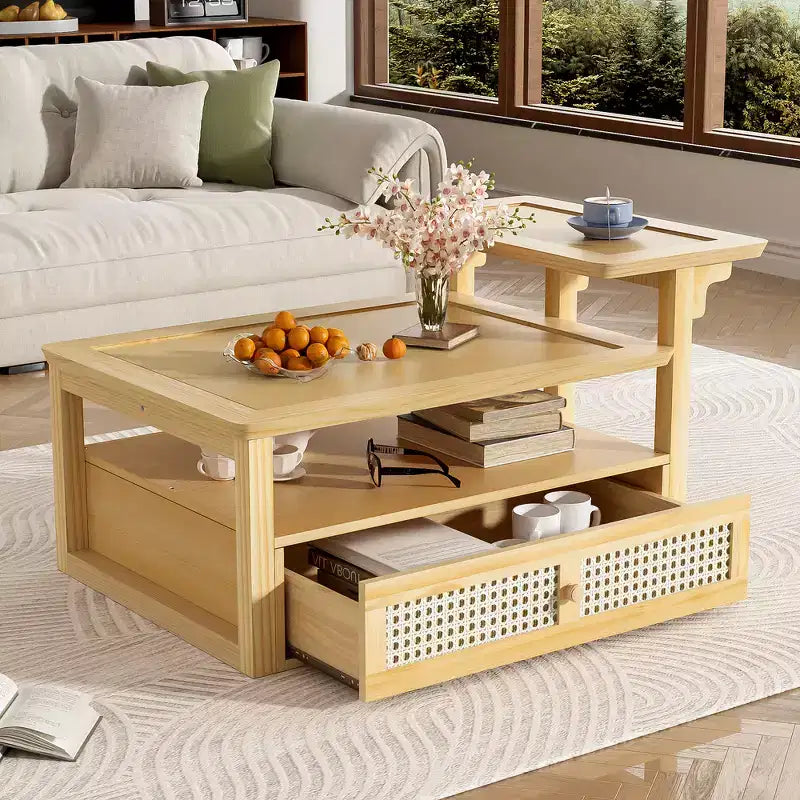 Modern Coffee Table with Storage Shelf, Double-layer Tabletops & Rattan Drawer for Living Room