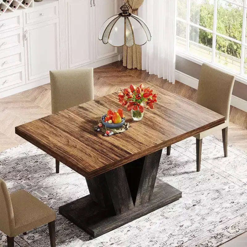 Farmhouse Large Rectangular Dining Table with Sturdy Pedestal Base,Minimalist Kitchen Dinner Table for Dining Room,Breakfast Nook
