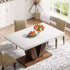Farmhouse Large Rectangular Dining Table with Sturdy Pedestal Base,Minimalist Kitchen Dinner Table for Dining Room,Breakfast Nook
