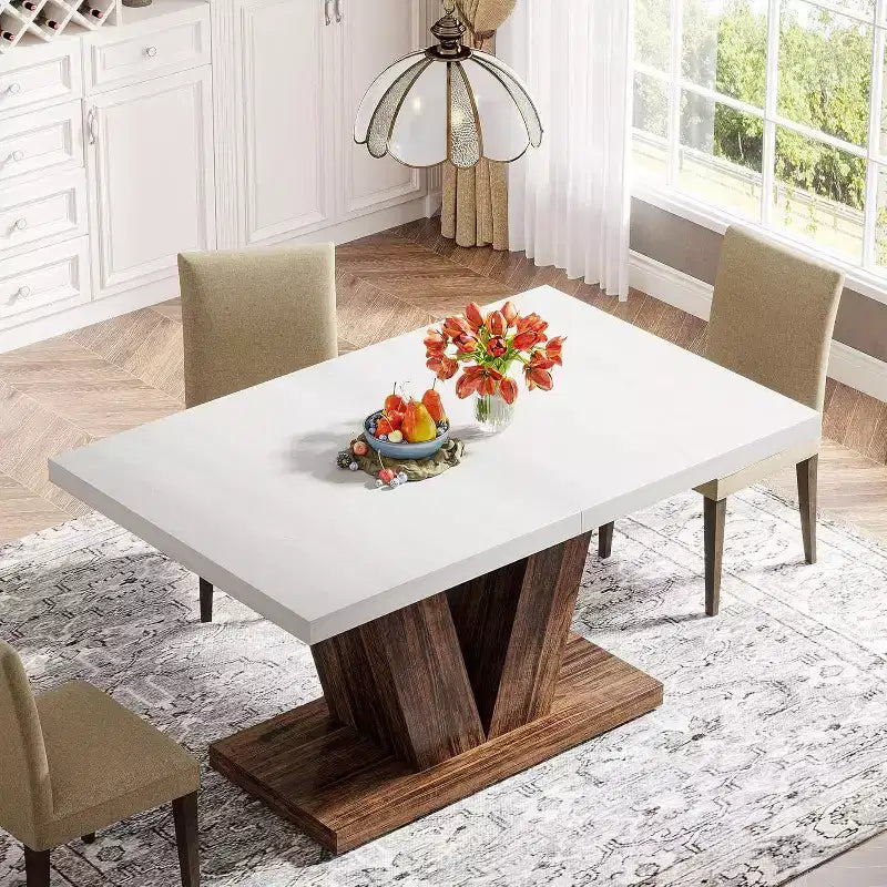 Farmhouse Large Rectangular Dining Table with Sturdy Pedestal Base,Minimalist Kitchen Dinner Table for Dining Room,Breakfast Nook