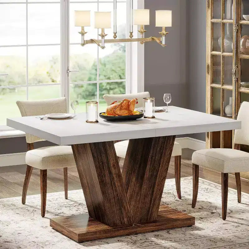 Farmhouse Large Rectangular Dining Table with Sturdy Pedestal Base,Minimalist Kitchen Dinner Table for Dining Room,Breakfast Nook