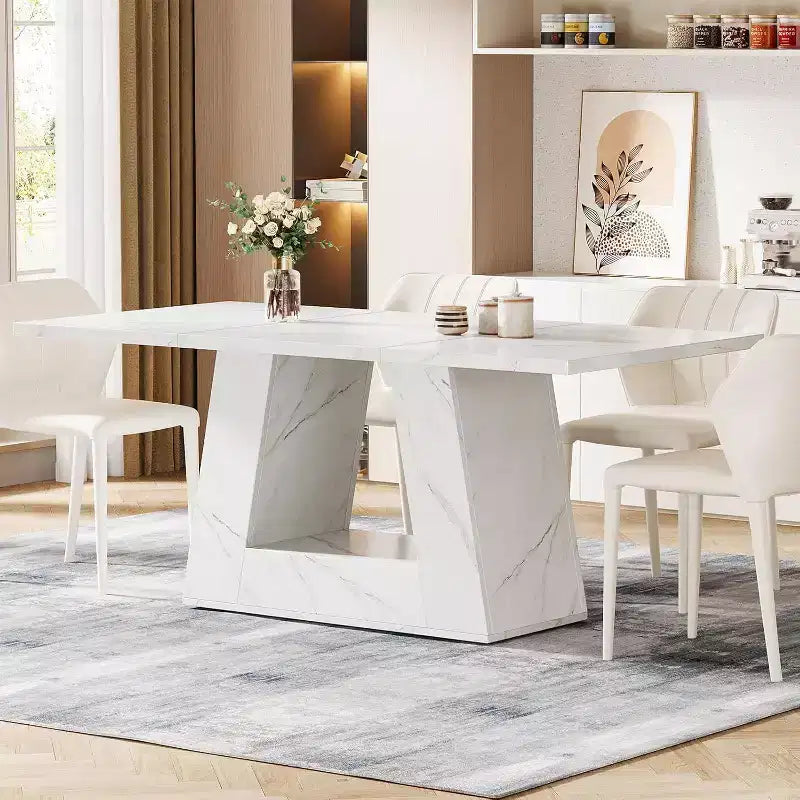 Farmhouse Large Rectangular Dining Table with Sturdy Pedestal Base,Minimalist Kitchen Dinner Table for Dining Room,Breakfast Nook