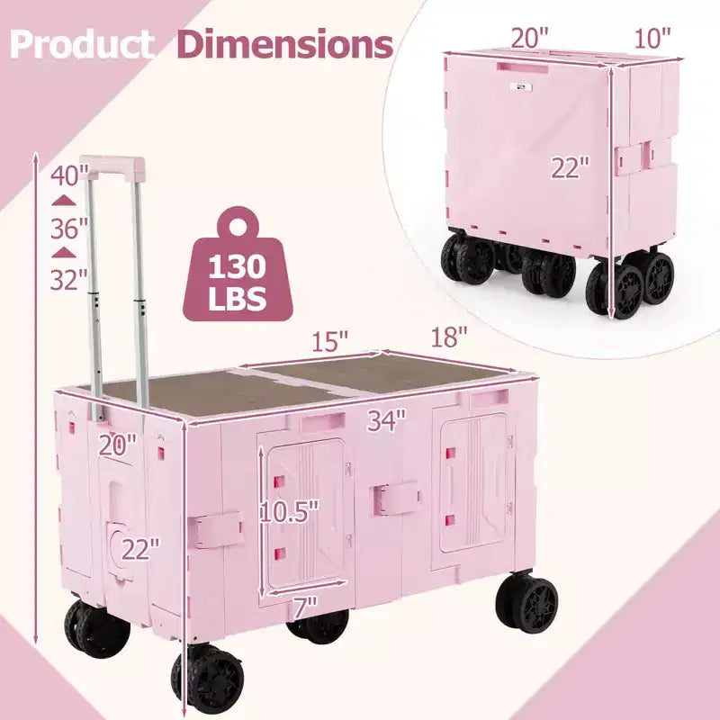 Large Foldable Utility Cart with 2-Tier Storage Crates 5 Rotate Wheels Metal Black/Pink/White