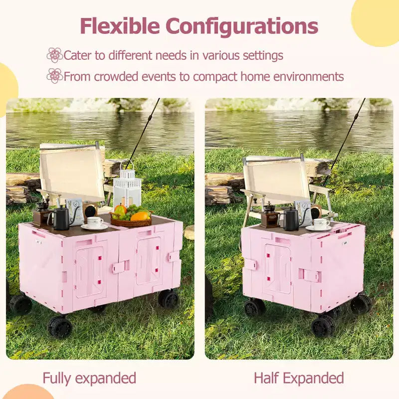 Large Foldable Utility Cart with 2-Tier Storage Crates 5 Rotate Wheels Metal Black/Pink/White
