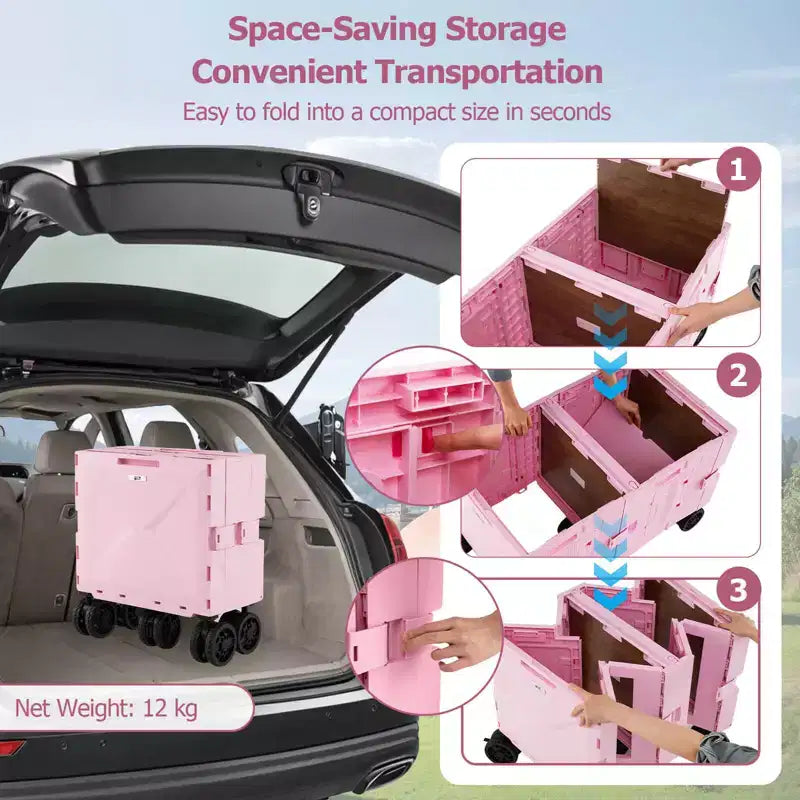 Large Foldable Utility Cart with 2-Tier Storage Crates 5 Rotate Wheels Metal Black/Pink/White