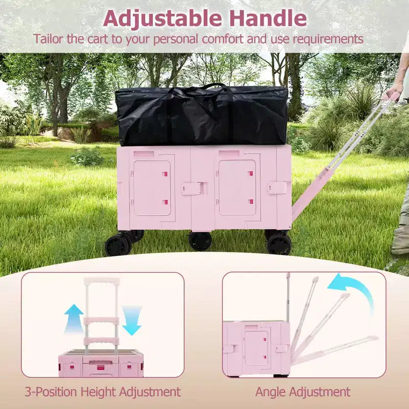 Large Foldable Utility Cart with 2-Tier Storage Crates 5 Rotate Wheels Metal Black/Pink/White