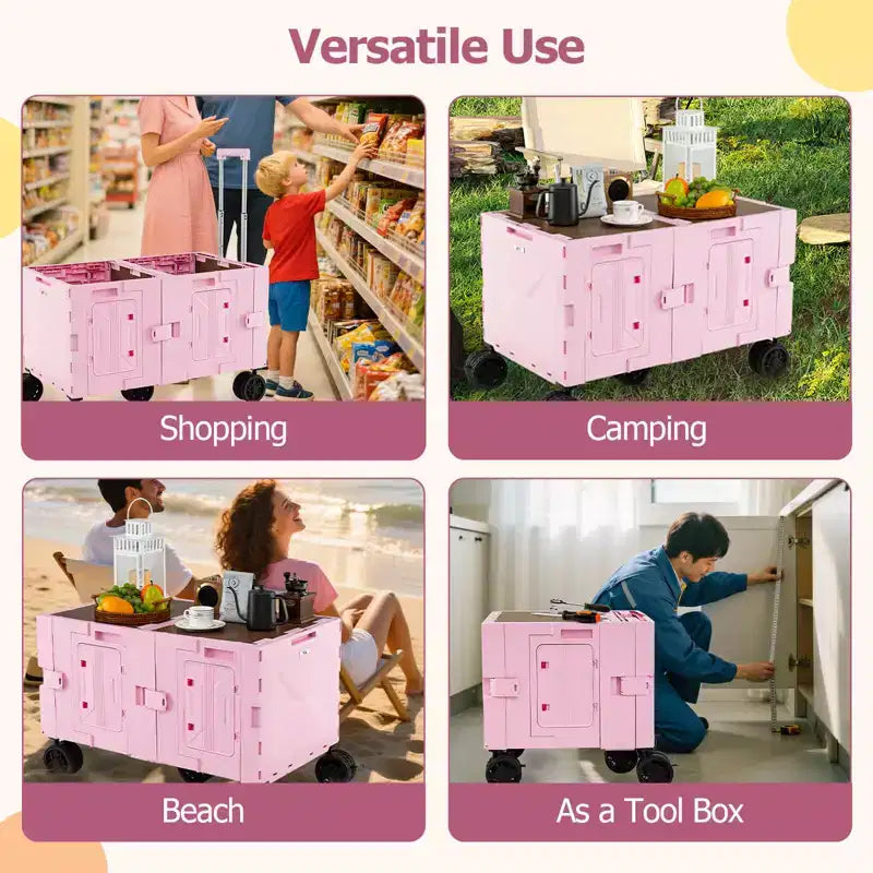 Large Foldable Utility Cart with 2-Tier Storage Crates 5 Rotate Wheels Metal Black/Pink/White