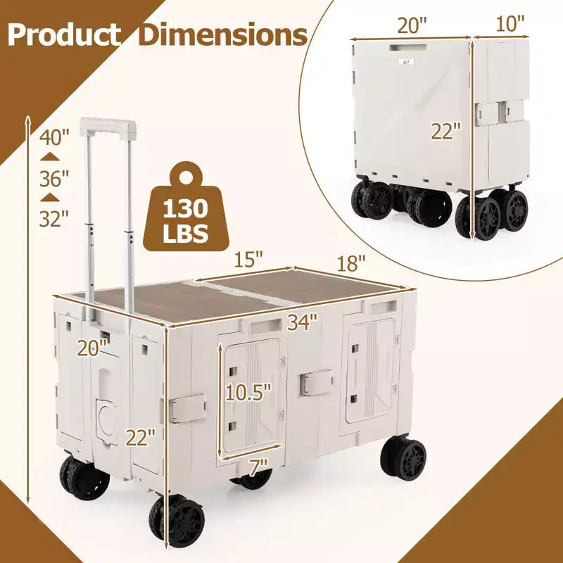Large Foldable Utility Cart with 2-Tier Storage Crates 5 Rotate Wheels Metal Black/Pink/White