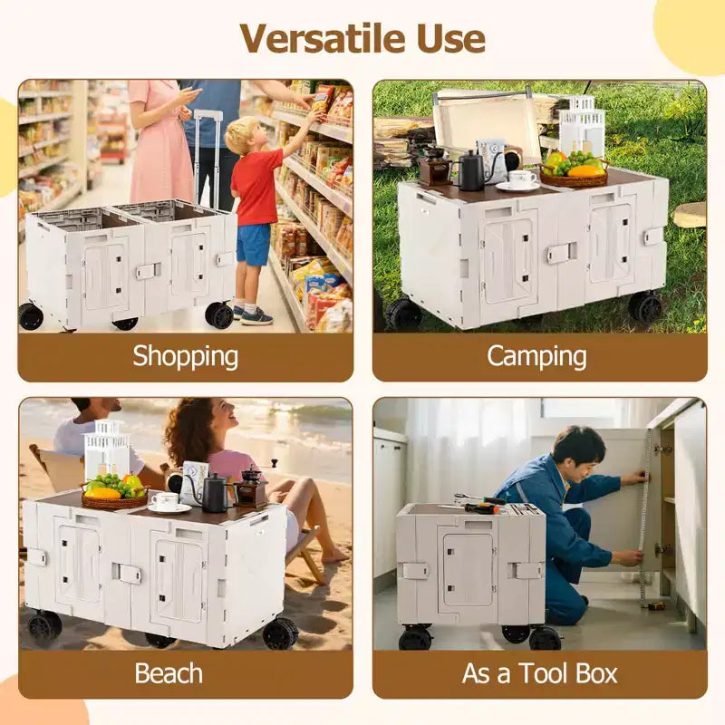 Large Foldable Utility Cart with 2-Tier Storage Crates 5 Rotate Wheels Metal Black/Pink/White