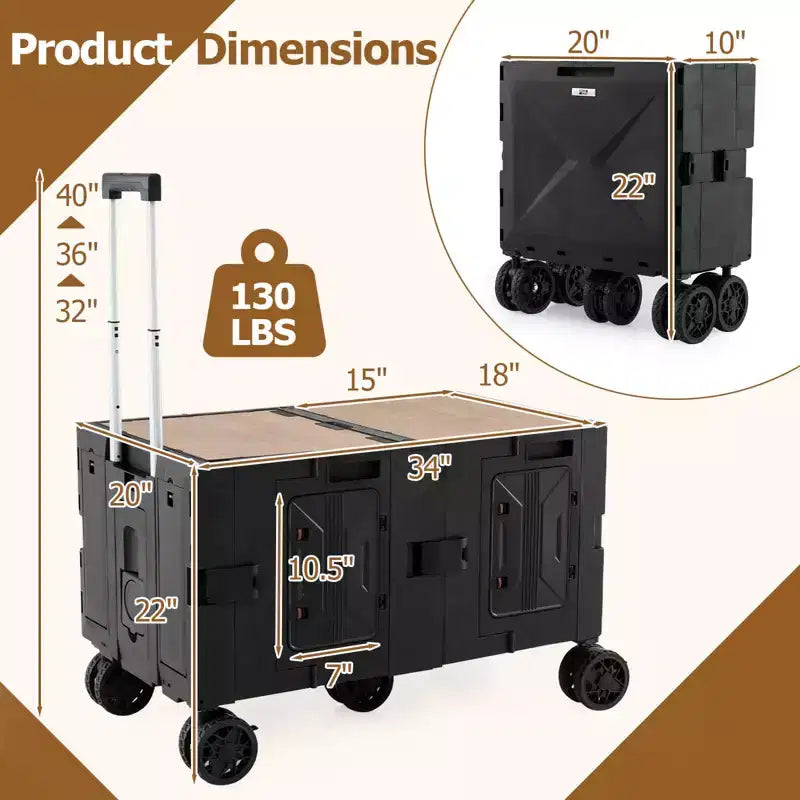 Large Foldable Utility Cart with 2-Tier Storage Crates 5 Rotate Wheels Metal Black/Pink/White