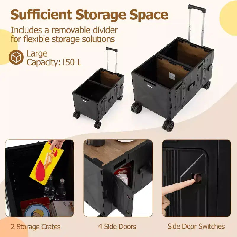 Large Foldable Utility Cart with 2-Tier Storage Crates 5 Rotate Wheels Metal Black/Pink/White