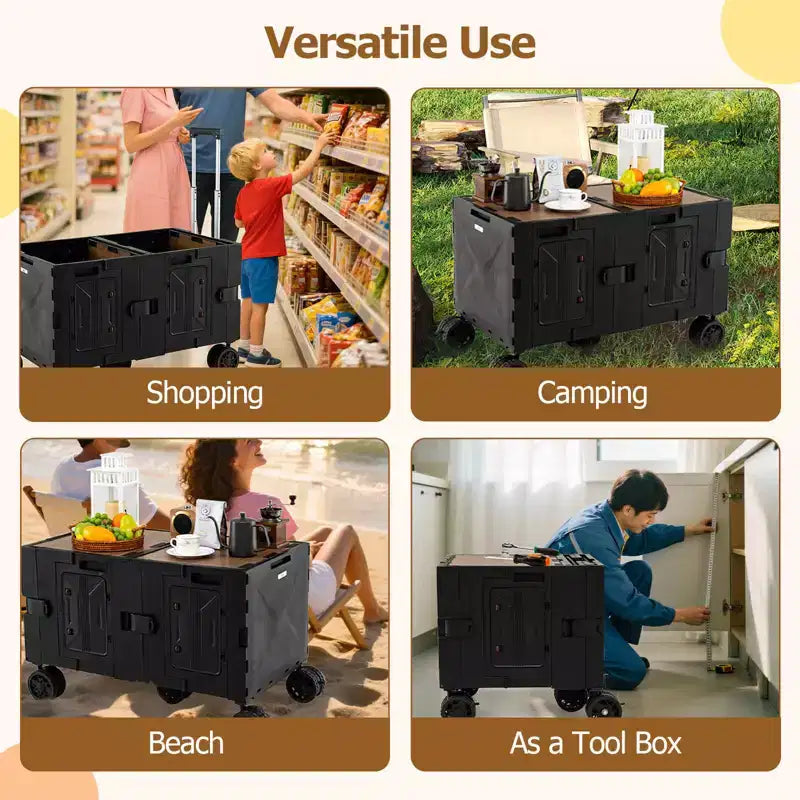 Large Foldable Utility Cart with 2-Tier Storage Crates 5 Rotate Wheels Metal Black/Pink/White
