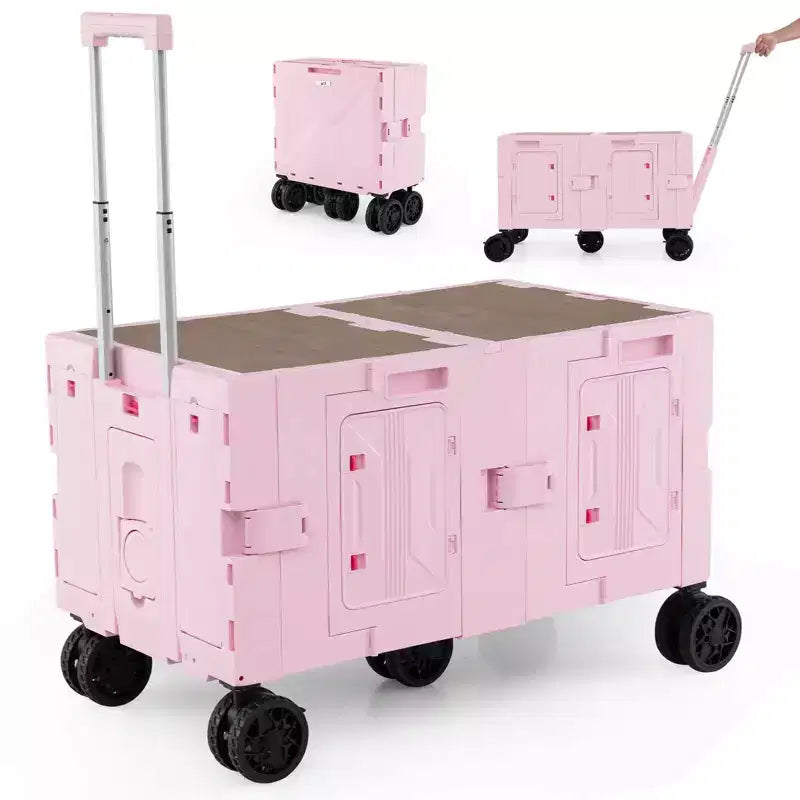 Large Foldable Utility Cart with 2-Tier Storage Crates 5 Rotate Wheels Metal Black/Pink/White