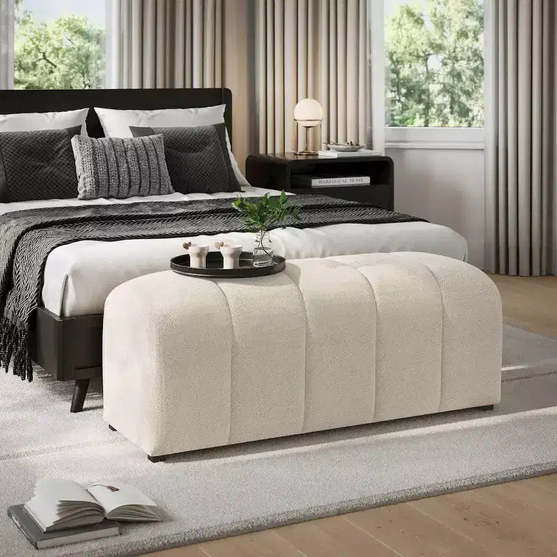 Contemporary Modern Ivory Boucle Upholstered Plush Bench