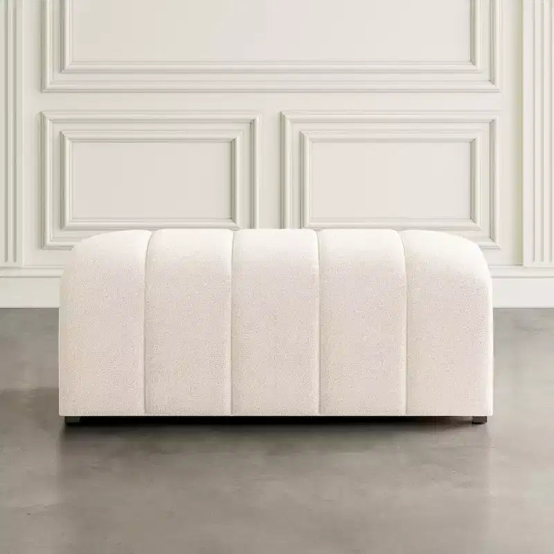 Contemporary Modern Ivory Boucle Upholstered Plush Bench