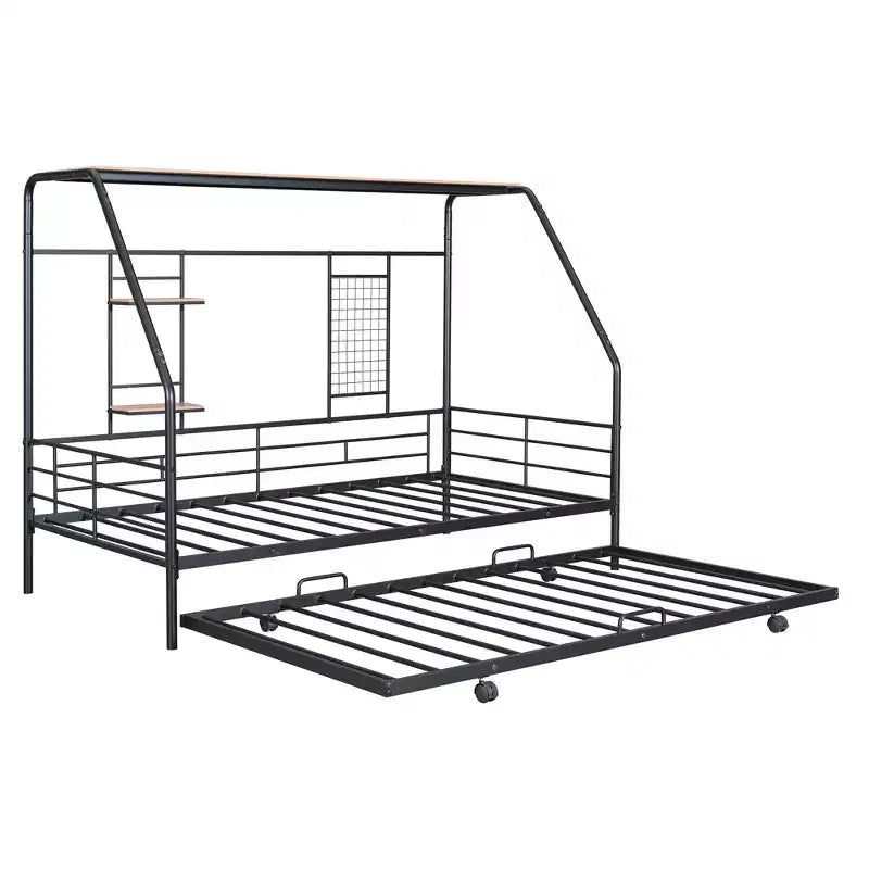 House Daybed with Trundle and Storage Shelf, Heavy Duty Bed Frame for Kids Teens Adults