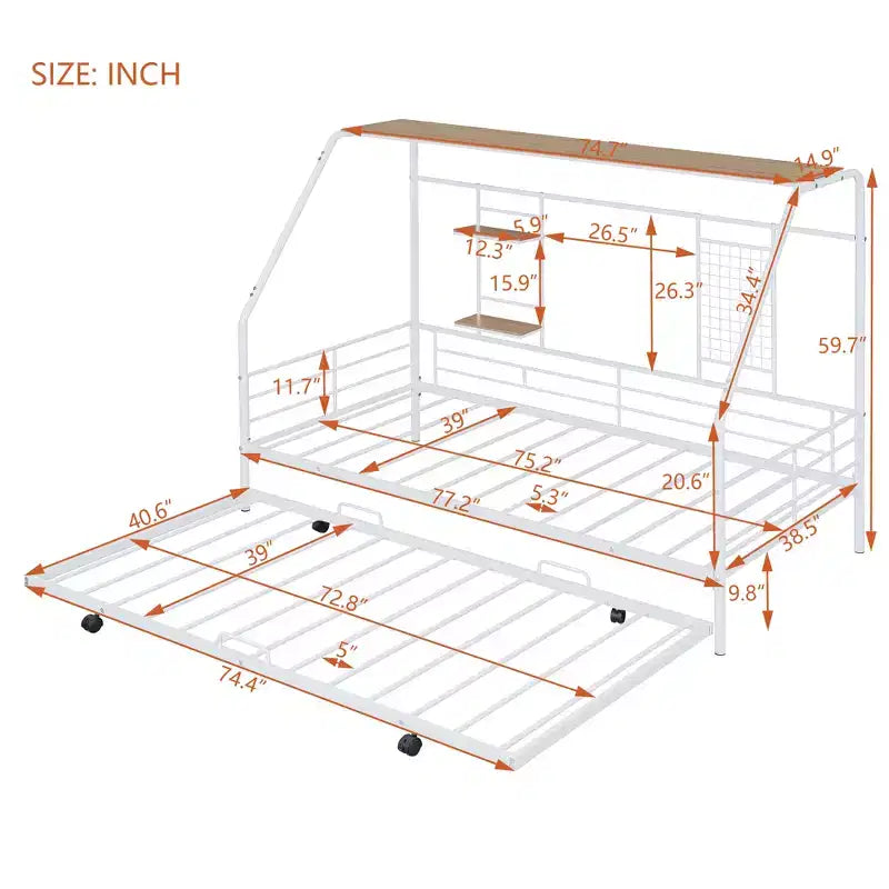 House Daybed with Trundle and Storage Shelf, Heavy Duty Bed Frame for Kids Teens Adults