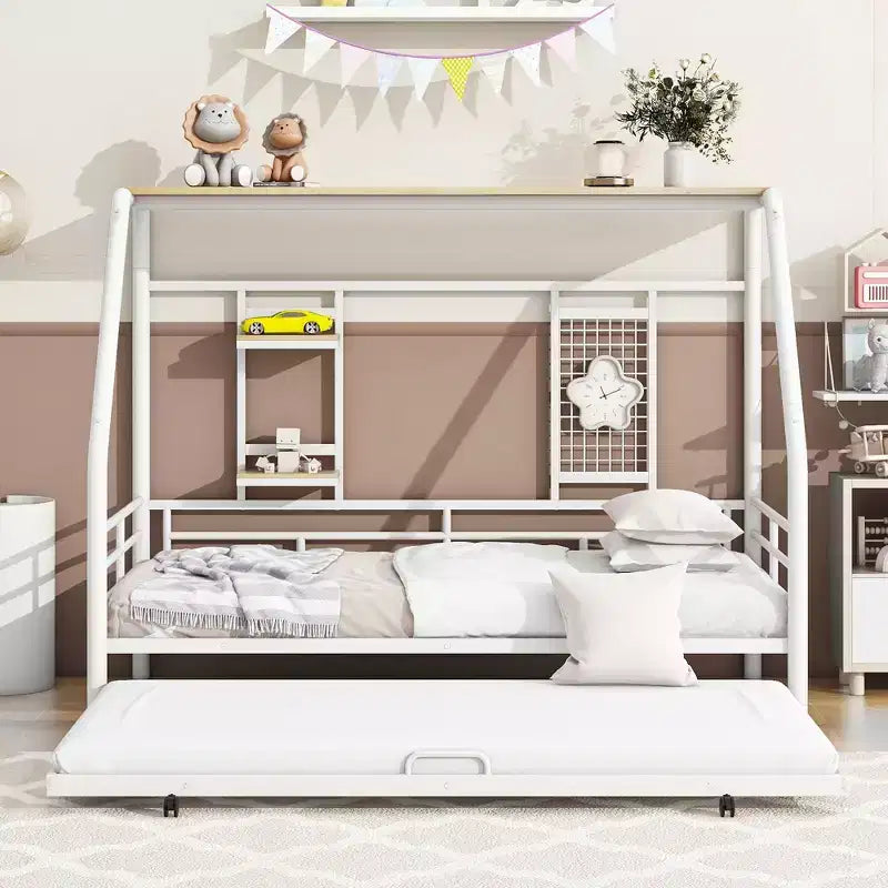 House Daybed with Trundle and Storage Shelf, Heavy Duty Bed Frame for Kids Teens Adults