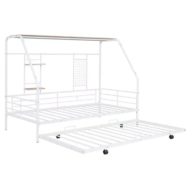 House Daybed with Trundle and Storage Shelf, Heavy Duty Bed Frame for Kids Teens Adults