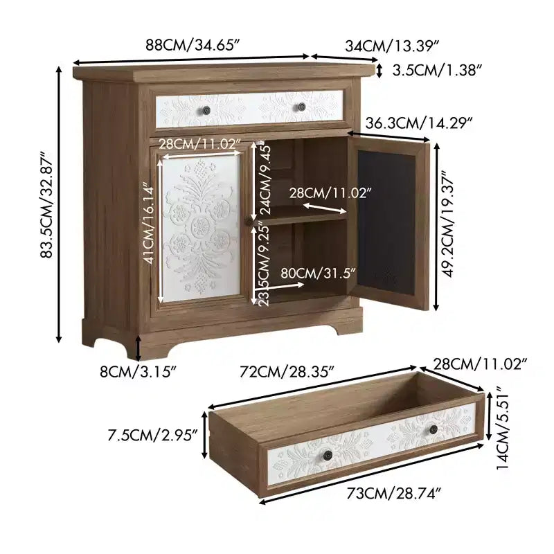 Rustic Storage Cabinet with Drawers and Metal Doors
