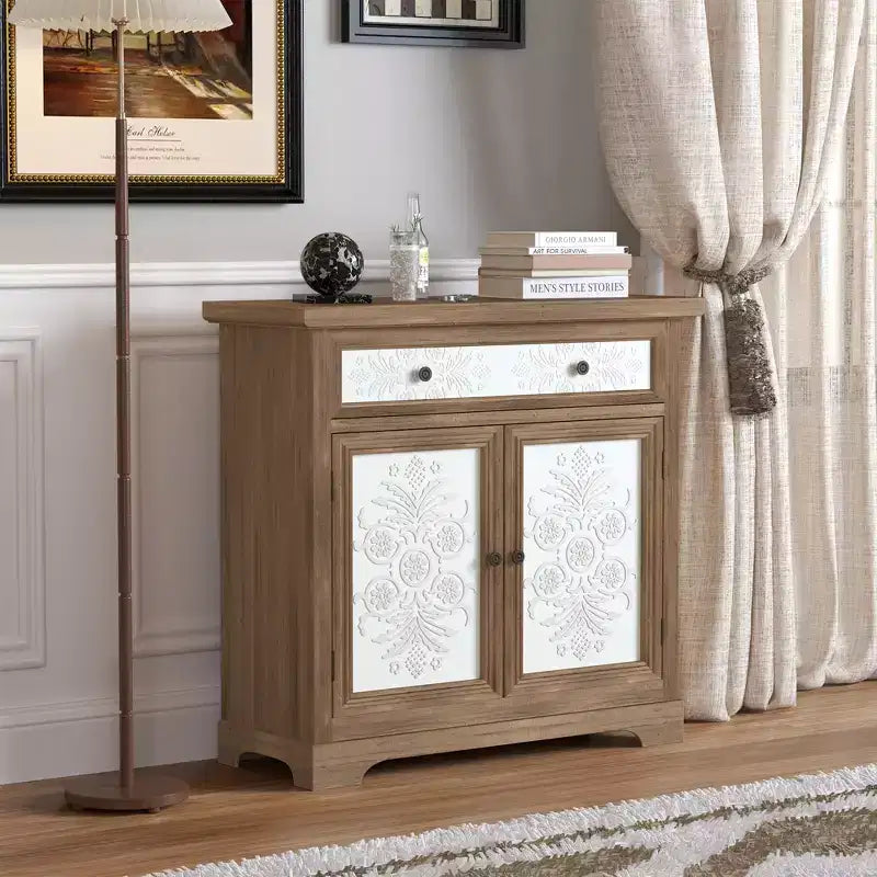 Rustic Storage Cabinet with Drawers and Metal Doors