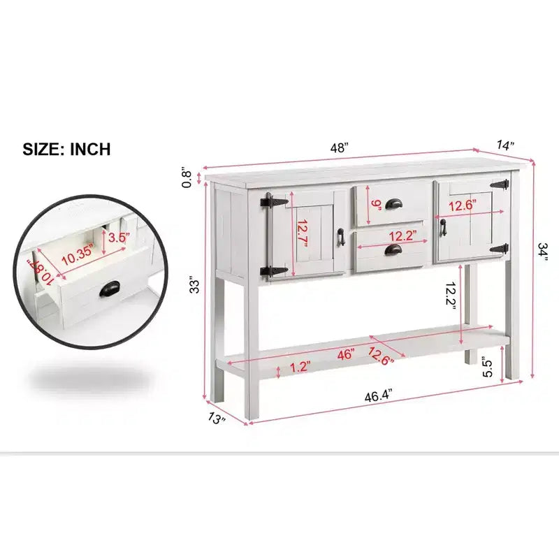 48'' Solid Wood Console Table with 2 Drawers and Cabinets for Living and Dining Room, Antique White