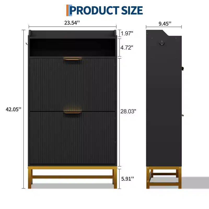 Shoe Cabinet with 2 Flip Drawers, Freestanding Narrow Shoe Storage Organizer for Entryway, Wooden Hidden Slim with Open Storage