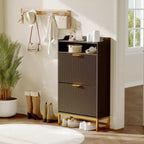 Shoe Cabinet with 2 Flip Drawers, Freestanding Narrow Shoe Storage Organizer for Entryway, Wooden Hidden Slim with Open Storage