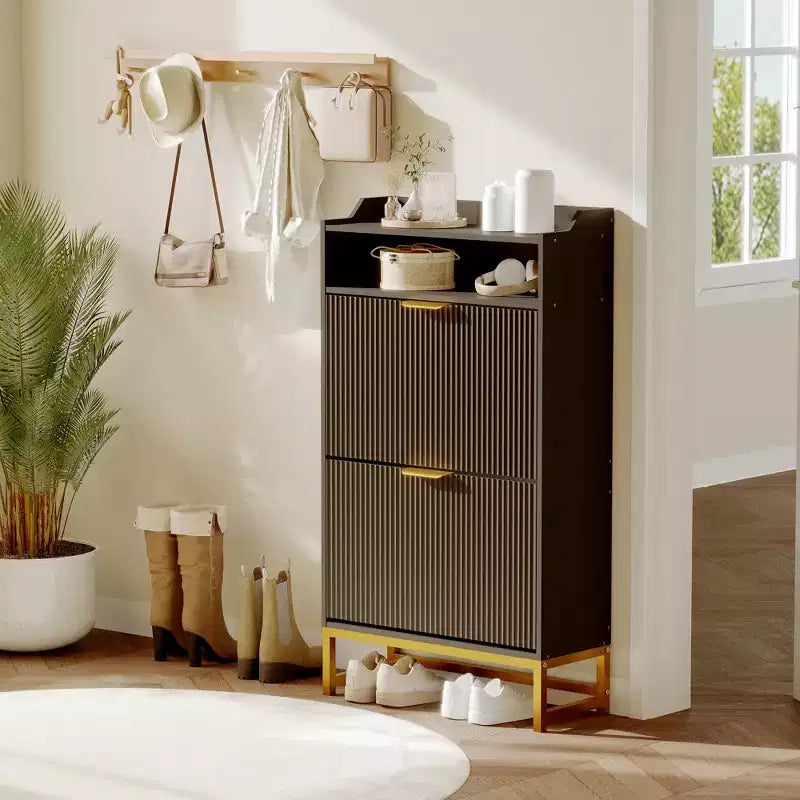 Shoe Cabinet with 2 Flip Drawers, Freestanding Narrow Shoe Storage Organizer for Entryway, Wooden Hidden Slim with Open Storage