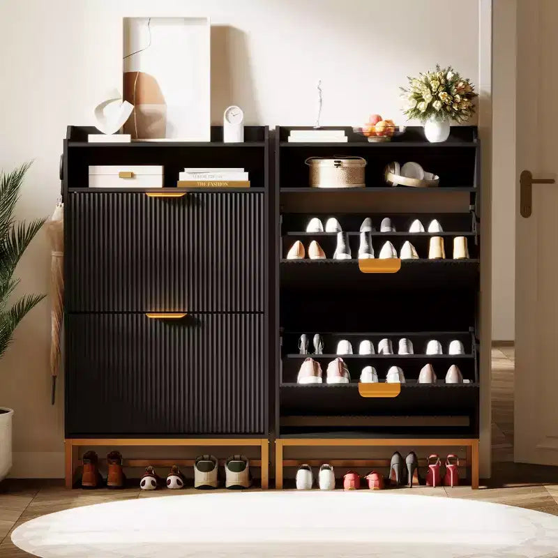 Shoe Cabinet with 2 Flip Drawers, Freestanding Narrow Shoe Storage Organizer for Entryway, Wooden Hidden Slim with Open Storage