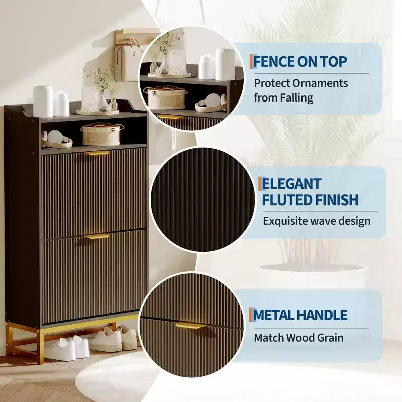 Shoe Cabinet with 2 Flip Drawers, Freestanding Narrow Shoe Storage Organizer for Entryway, Wooden Hidden Slim with Open Storage