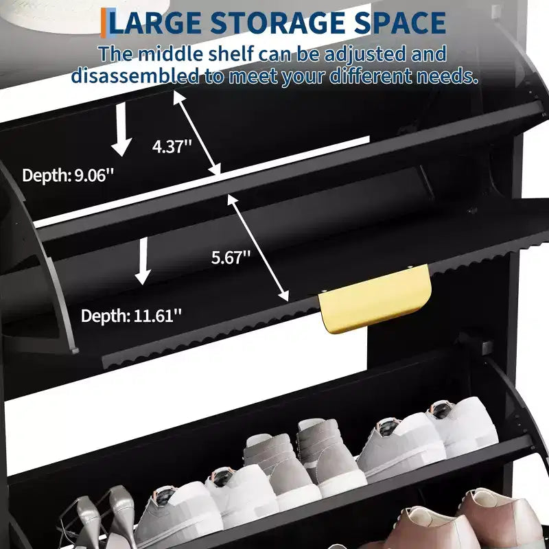 Shoe Cabinet with 2 Flip Drawers, Freestanding Narrow Shoe Storage Organizer for Entryway, Wooden Hidden Slim with Open Storage