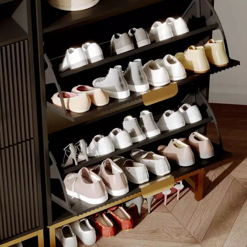 Shoe Cabinet with 2 Flip Drawers, Freestanding Narrow Shoe Storage Organizer for Entryway, Wooden Hidden Slim with Open Storage
