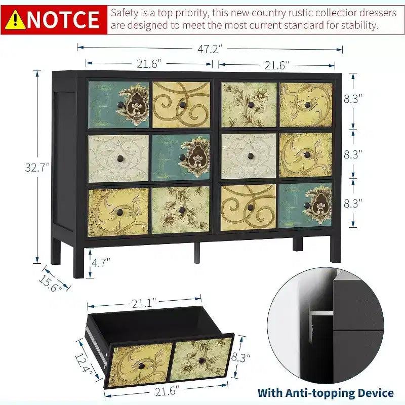 6 Drawers Dresser for Bedroom, Farmhouse Wood Rustic Chest of Drawers with Metal Handle, Retro Floral Pattern Drawer, for Living Room, Black