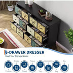 6 Drawers Dresser for Bedroom, Farmhouse Wood Rustic Chest of Drawers with Metal Handle, Retro Floral Pattern Drawer, for Living Room, Black