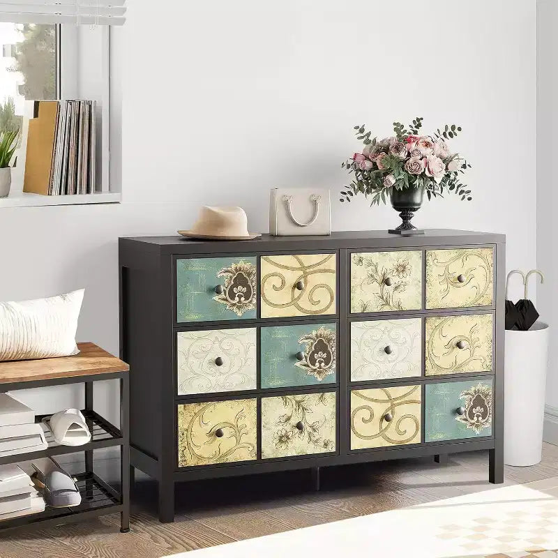 6 Drawers Dresser for Bedroom, Farmhouse Wood Rustic Chest of Drawers with Metal Handle, Retro Floral Pattern Drawer, for Living Room, Black