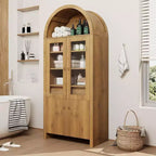 Tall Arched Pantry Cabinet, Farmhouse Kitchen Arched Bookcase Cupboard Storage Cabinets with a Hidden Drawer Adjustable Shelves, Natrual Oak