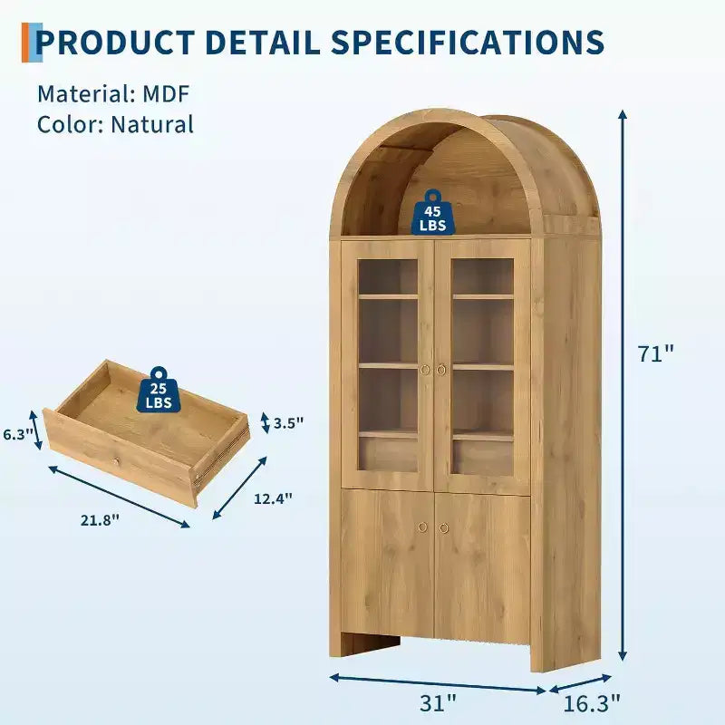 Tall Arched Pantry Cabinet, Farmhouse Kitchen Arched Bookcase Cupboard Storage Cabinets with a Hidden Drawer Adjustable Shelves, Natrual Oak