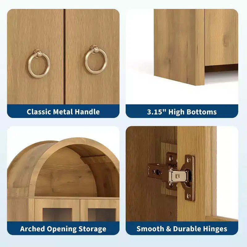 Tall Arched Pantry Cabinet, Farmhouse Kitchen Arched Bookcase Cupboard Storage Cabinets with a Hidden Drawer Adjustable Shelves, Natrual Oak