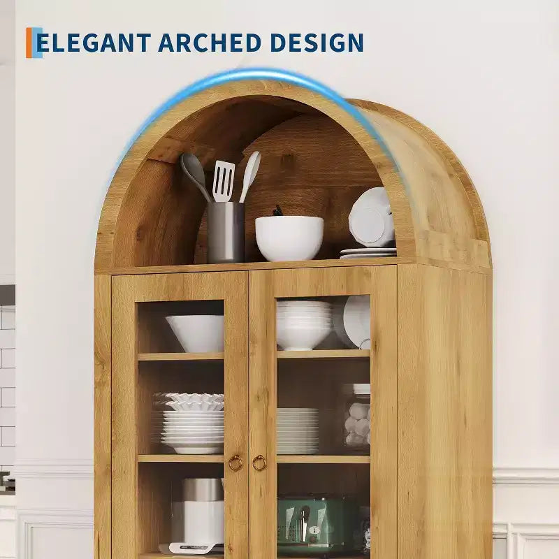 Tall Arched Pantry Cabinet, Farmhouse Kitchen Arched Bookcase Cupboard Storage Cabinets with a Hidden Drawer Adjustable Shelves, Natrual Oak