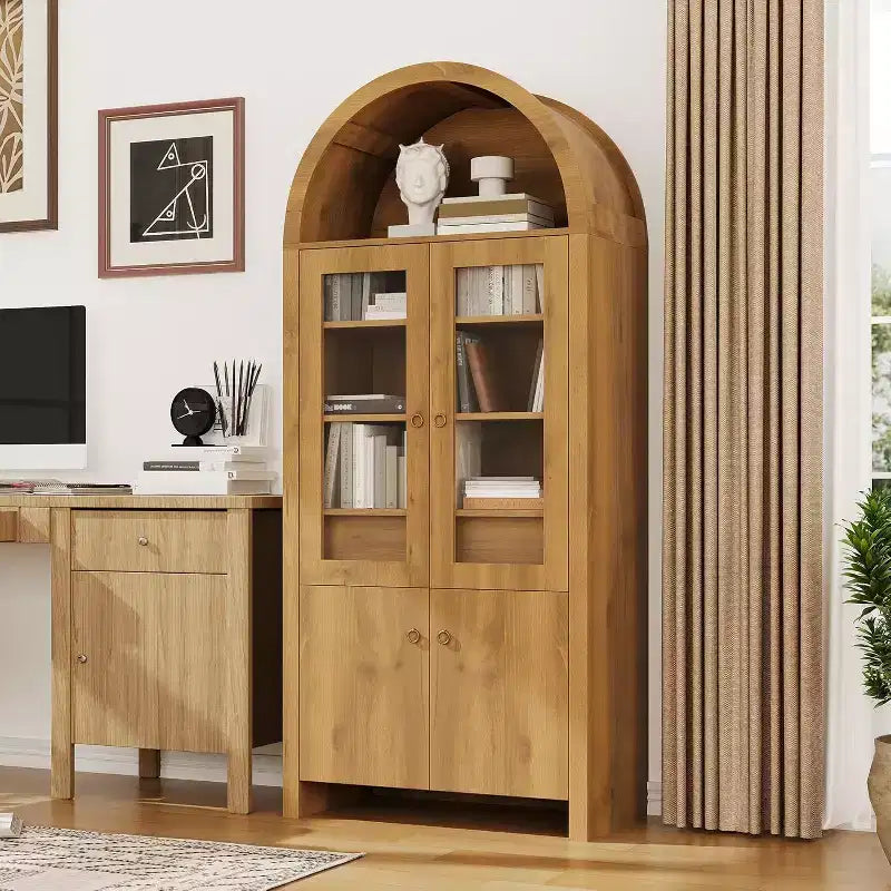 Tall Arched Pantry Cabinet, Farmhouse Kitchen Arched Bookcase Cupboard Storage Cabinets with a Hidden Drawer Adjustable Shelves, Natrual Oak