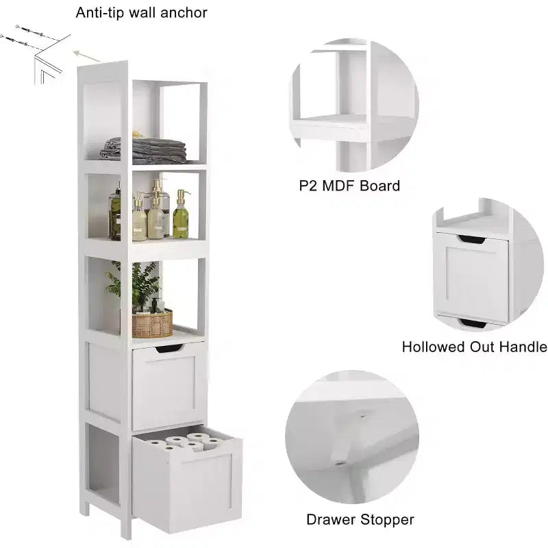 57 Tall Slim Bathroom Storage Cabinet with Shelves & Drawers Waterproof Tower Organizer