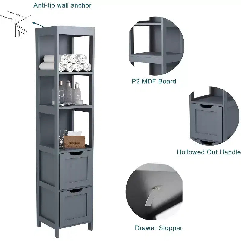 57 Tall Slim Bathroom Storage Cabinet with Shelves & Drawers Waterproof Tower Organizer