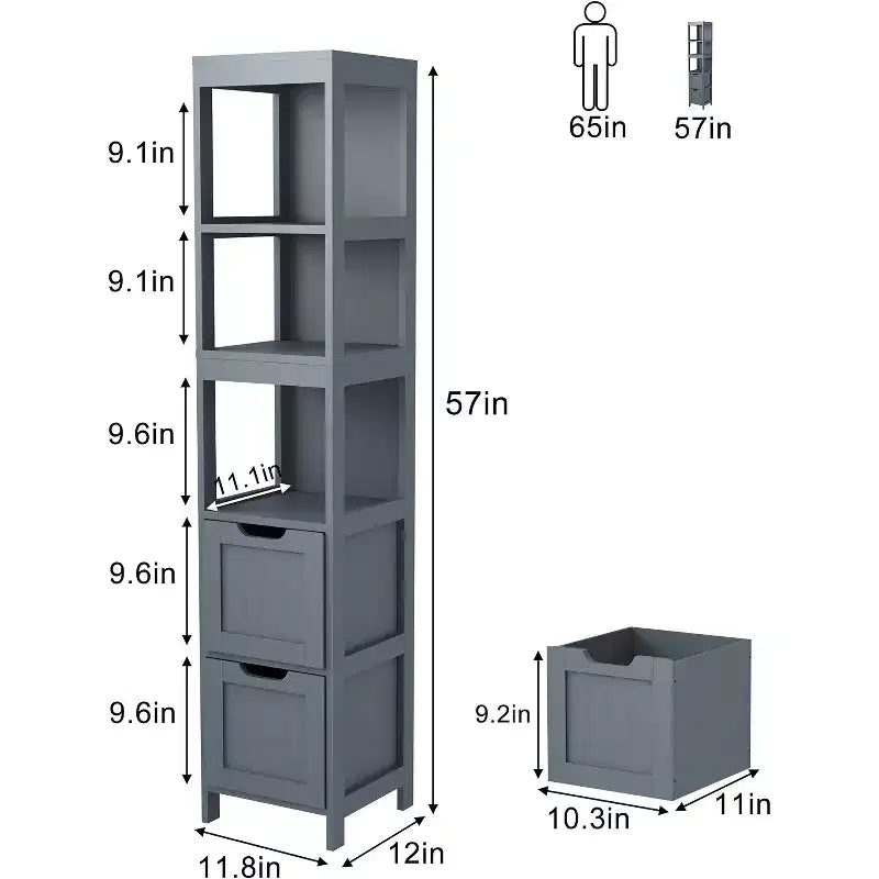 57 Tall Slim Bathroom Storage Cabinet with Shelves & Drawers Waterproof Tower Organizer