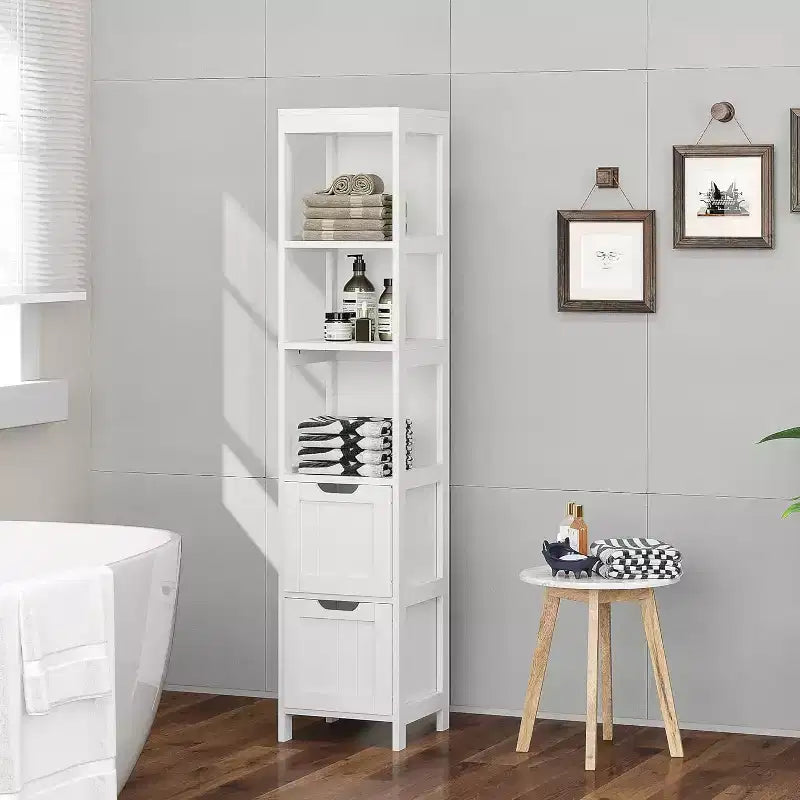 57 Tall Slim Bathroom Storage Cabinet with Shelves & Drawers Waterproof Tower Organizer