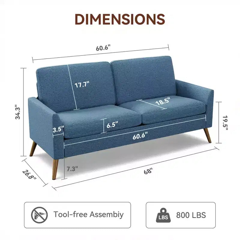 Loveseat Sofa, Memory Foam Cushion with Tool-Free Setup, Mid-Century Modern Design for Small Spaces