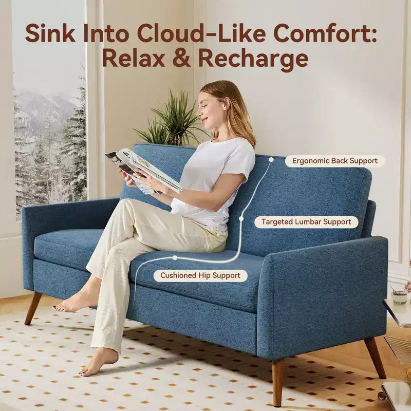 Loveseat Sofa, Memory Foam Cushion with Tool-Free Setup, Mid-Century Modern Design for Small Spaces