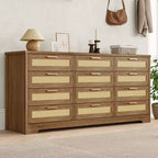 Commode à 12 tiroirs pour chambre à coucher, commode moderne en rotin, meuble de rangement en bois avec tiroirs et poignées en rotin, pour chambre de bébé, entrée