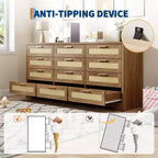 Commode à 12 tiroirs pour chambre à coucher, commode moderne en rotin, meuble de rangement en bois avec tiroirs et poignées en rotin, pour chambre de bébé, entrée